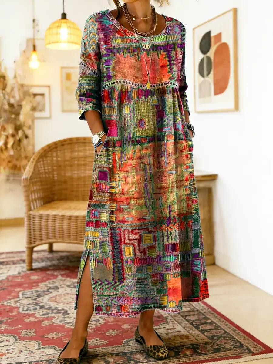 ✨ Poslední den slevy 50 %!【S-5XL】Letní retro šaty s kulatým výstřihem a potiskem, lehké a prodyšné, zeštíhlující a snadno kombinovatelné.