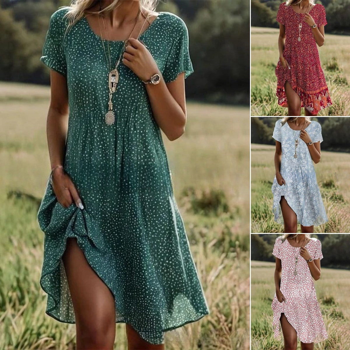 Elegantní dámské šaty s kulatým výstřihem pro léto