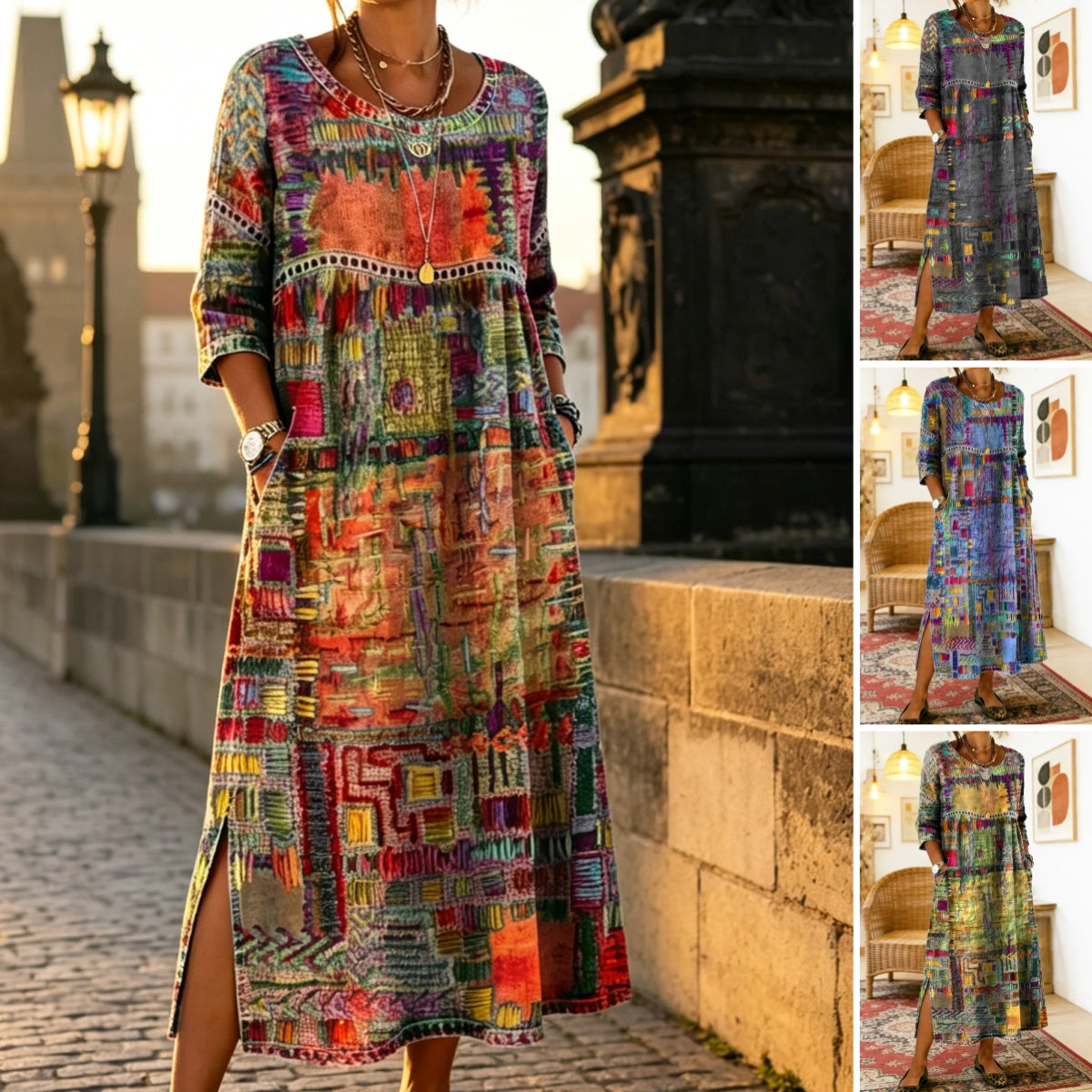 ✨ Poslední den slevy 50 %!【S-5XL】Letní retro šaty s kulatým výstřihem a potiskem, lehké a prodyšné, zeštíhlující a snadno kombinovatelné.